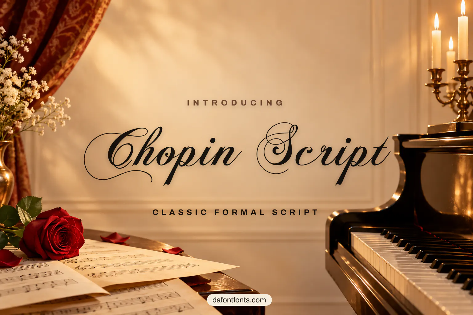 Chopin Script font poster: black formal script on a classical music background with a piano