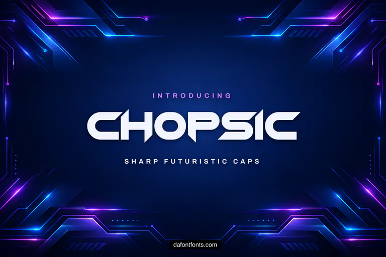 Chopsic font poster: black futuristic caps on a neon cyber background
