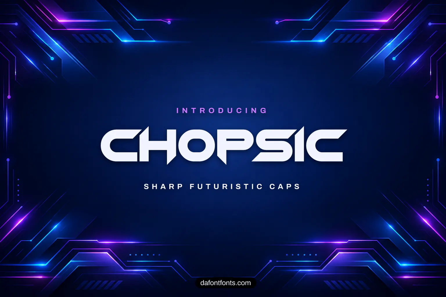 Chopsic font poster: black futuristic caps on a neon cyber background