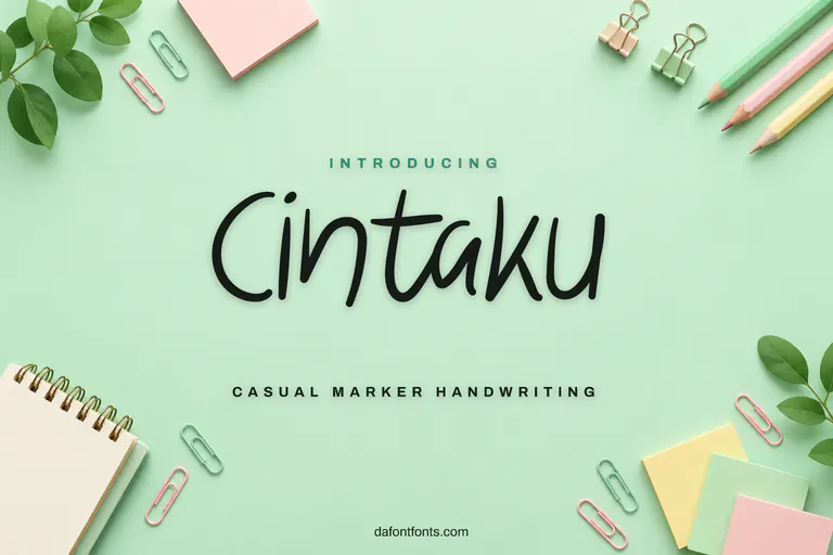 Cintaku font poster: black marker handwriting on a soft mint background with stationery