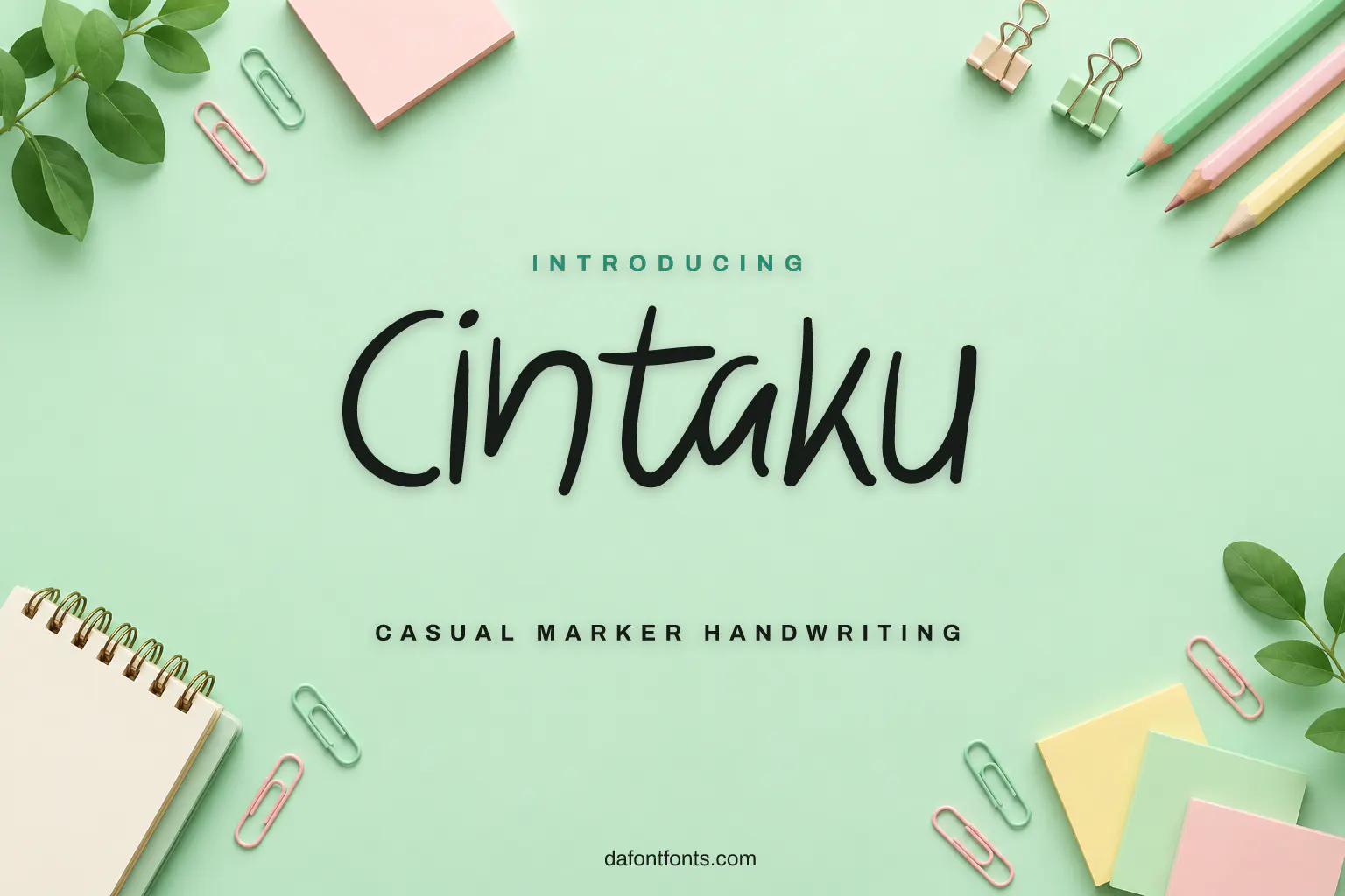 Cintaku font poster: black marker handwriting on a soft mint background with stationery