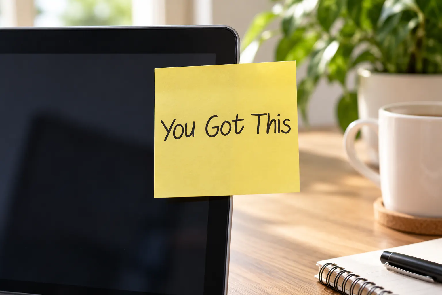 Cintaku font on a sticky note on a laptop reading You Got This