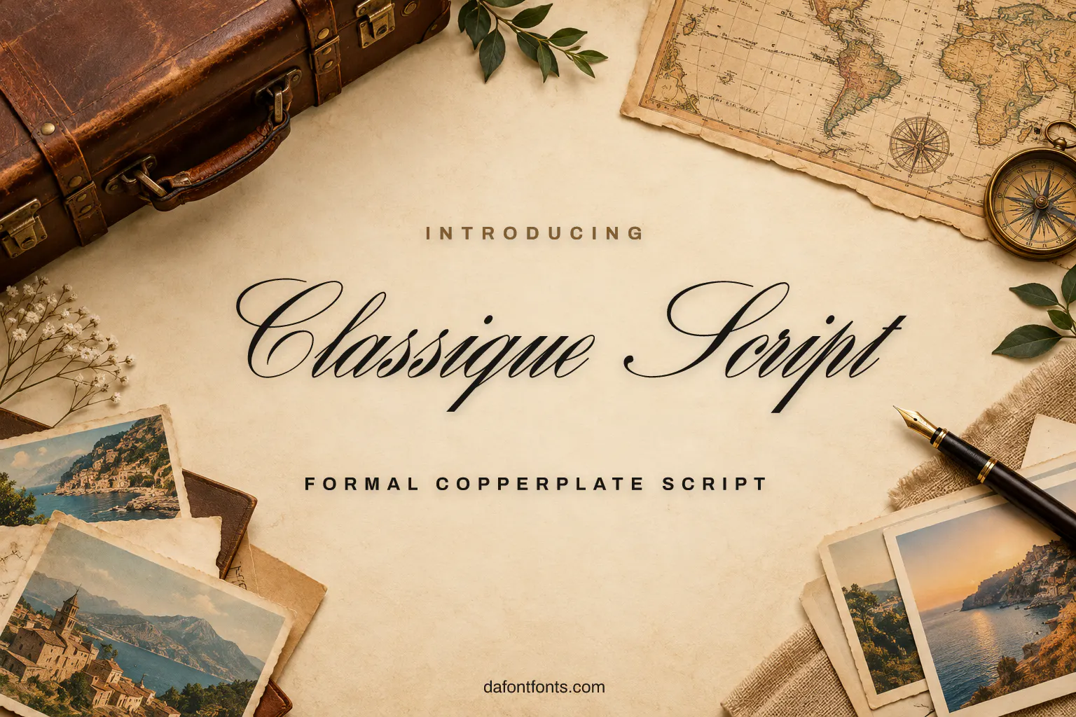 Classique Script font poster: copperplate script with a vintage suitcase and old map