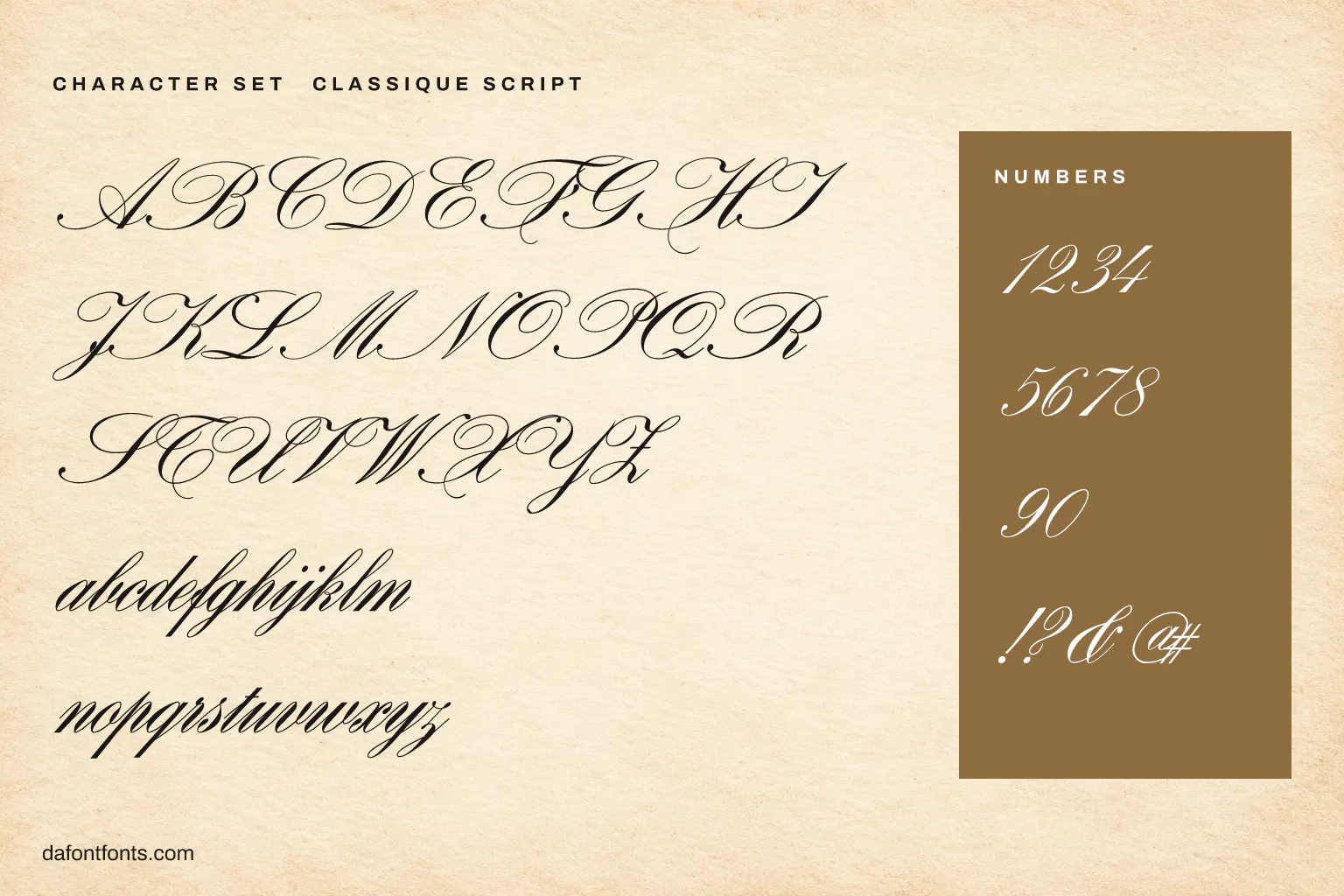 Classique Script character set: alphabet, numbers and symbols