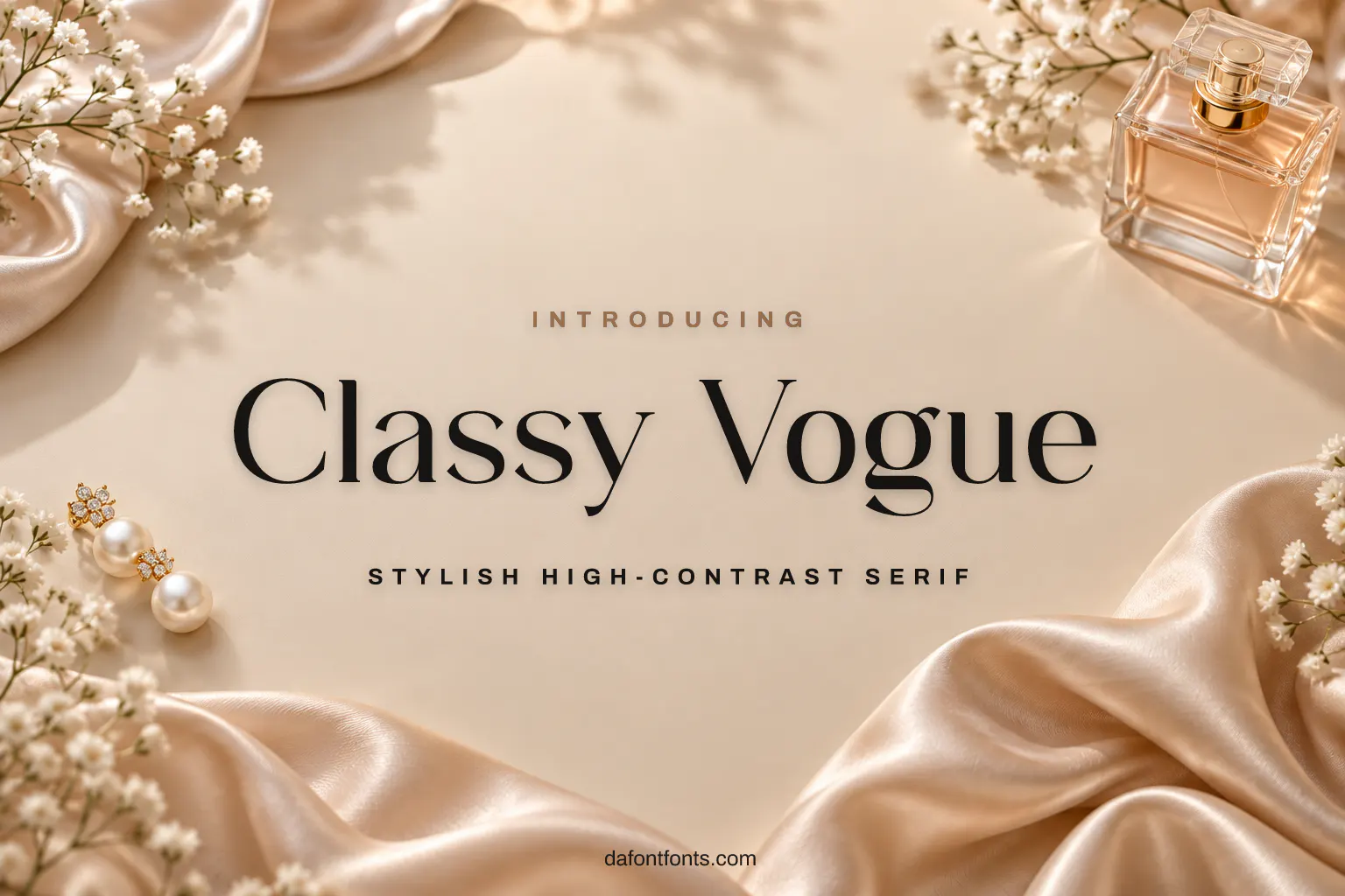 Classy Vogue font poster: black serif letters on a soft beige fashion background
