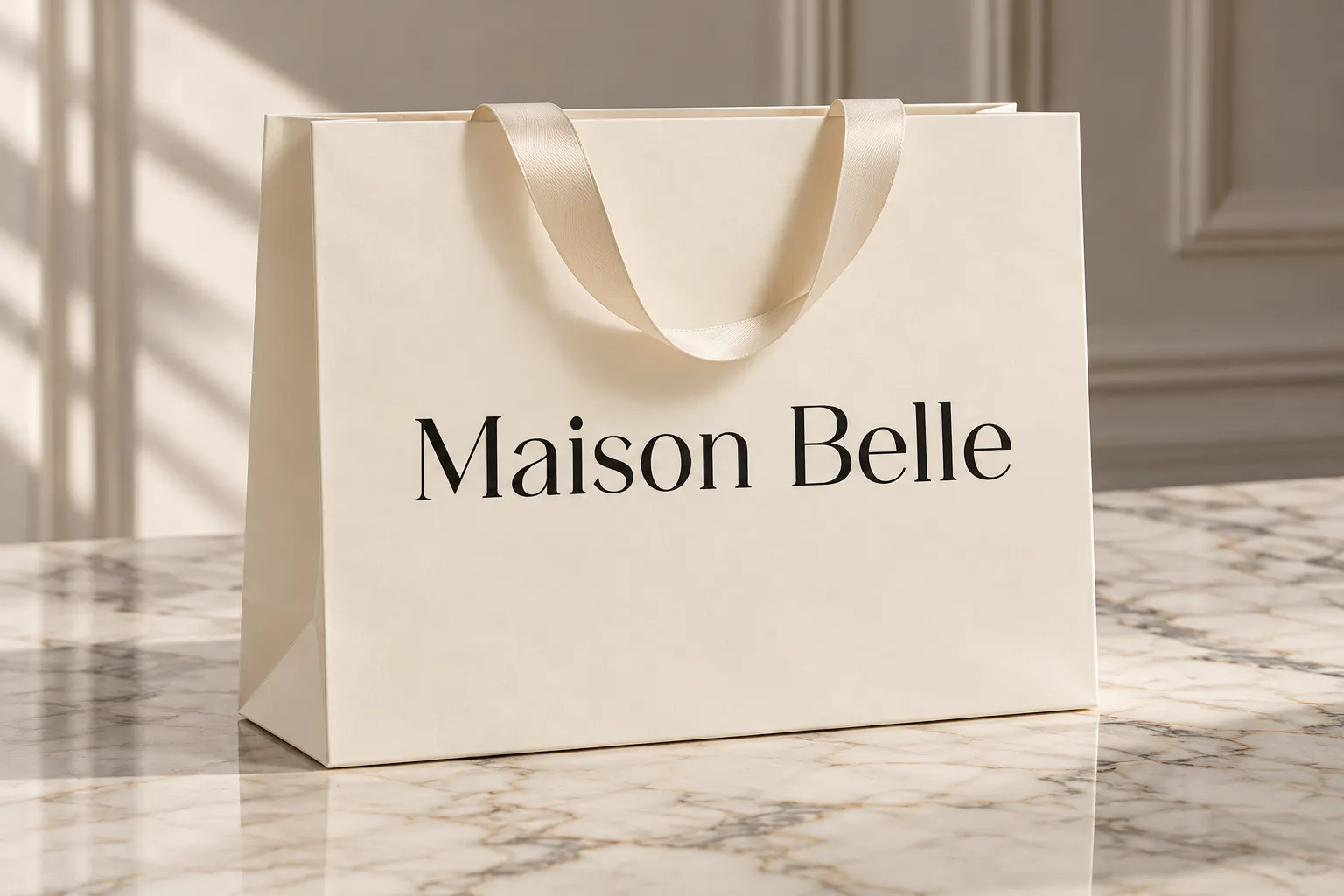 Classy Vogue font on a boutique bag reading Maison Belle