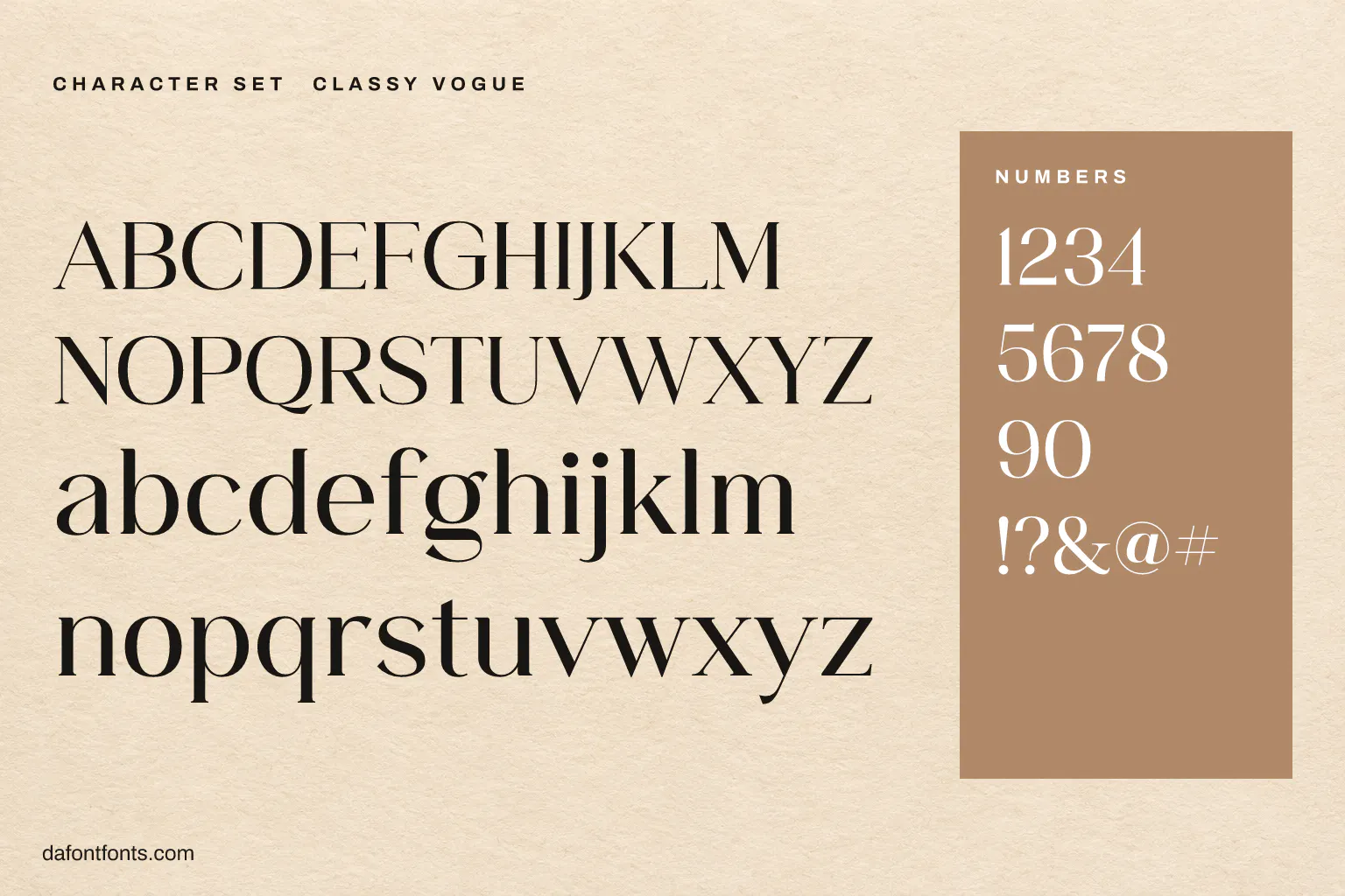 Classy Vogue character set: alphabet, numbers and symbols