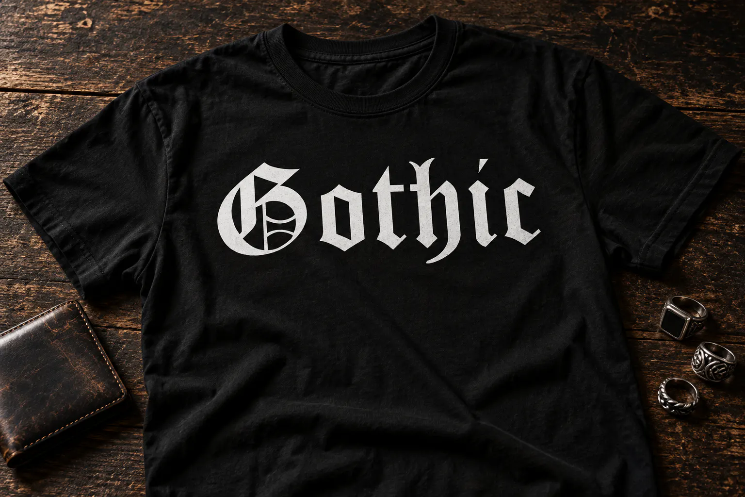 Cloister Black font on a black t-shirt reading Gothic
