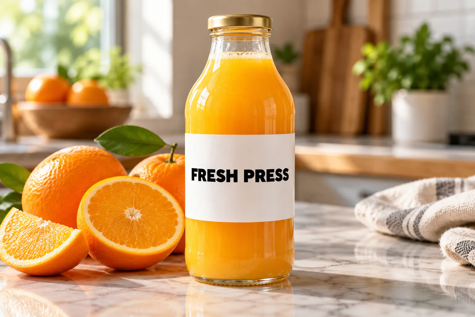 Cocogoose font on a juice bottle label reading FRESH PRESS