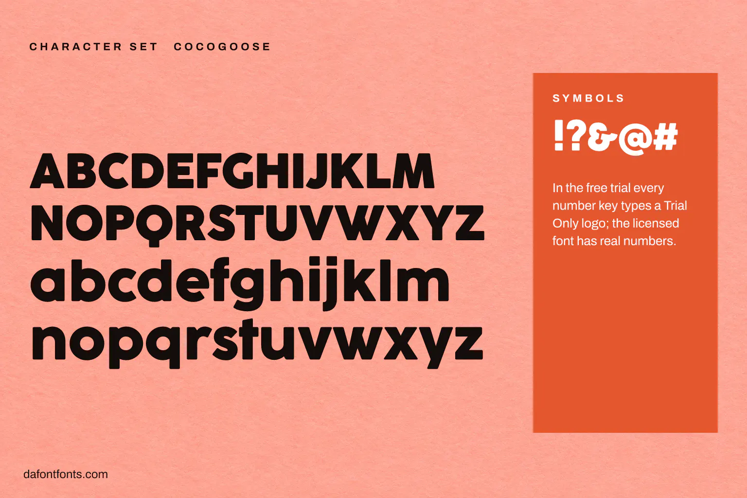 Cocogoose character set: capitals, lowercase and symbols (in the trial the number keys type a logo)