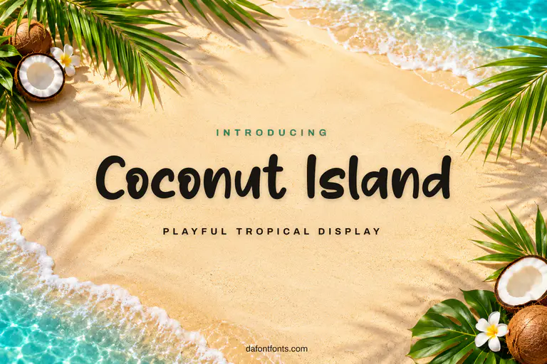 Coconut Island font poster: black playful letters on a tropical background with palm leaves