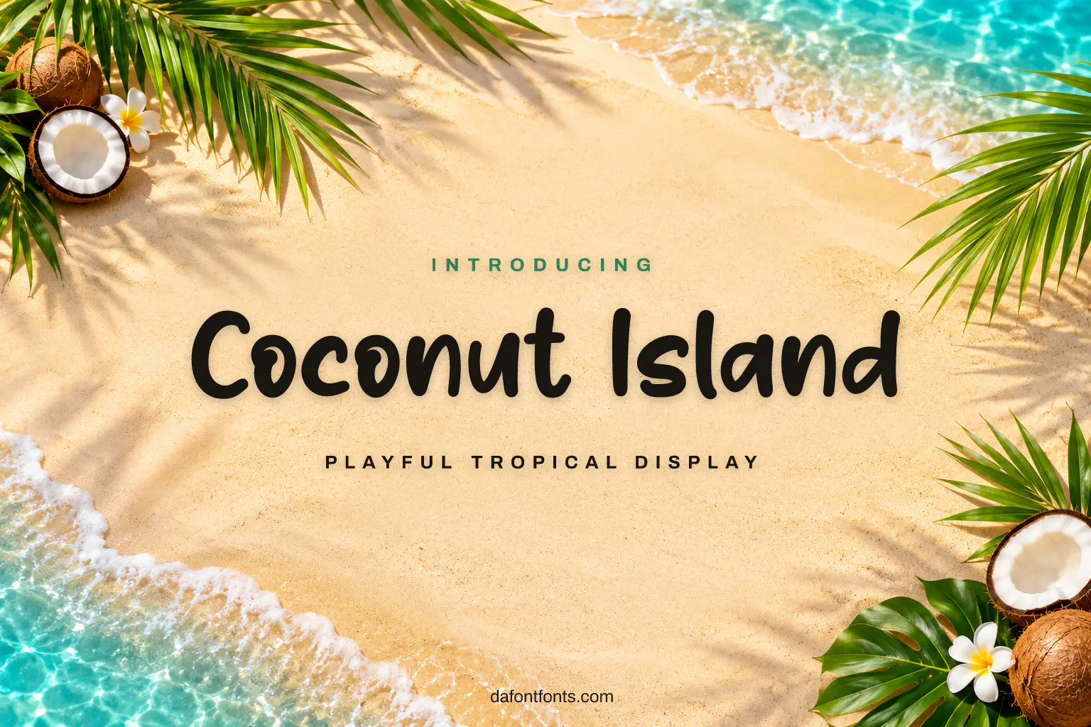 Coconut Island font poster: black playful letters on a tropical background with palm leaves
