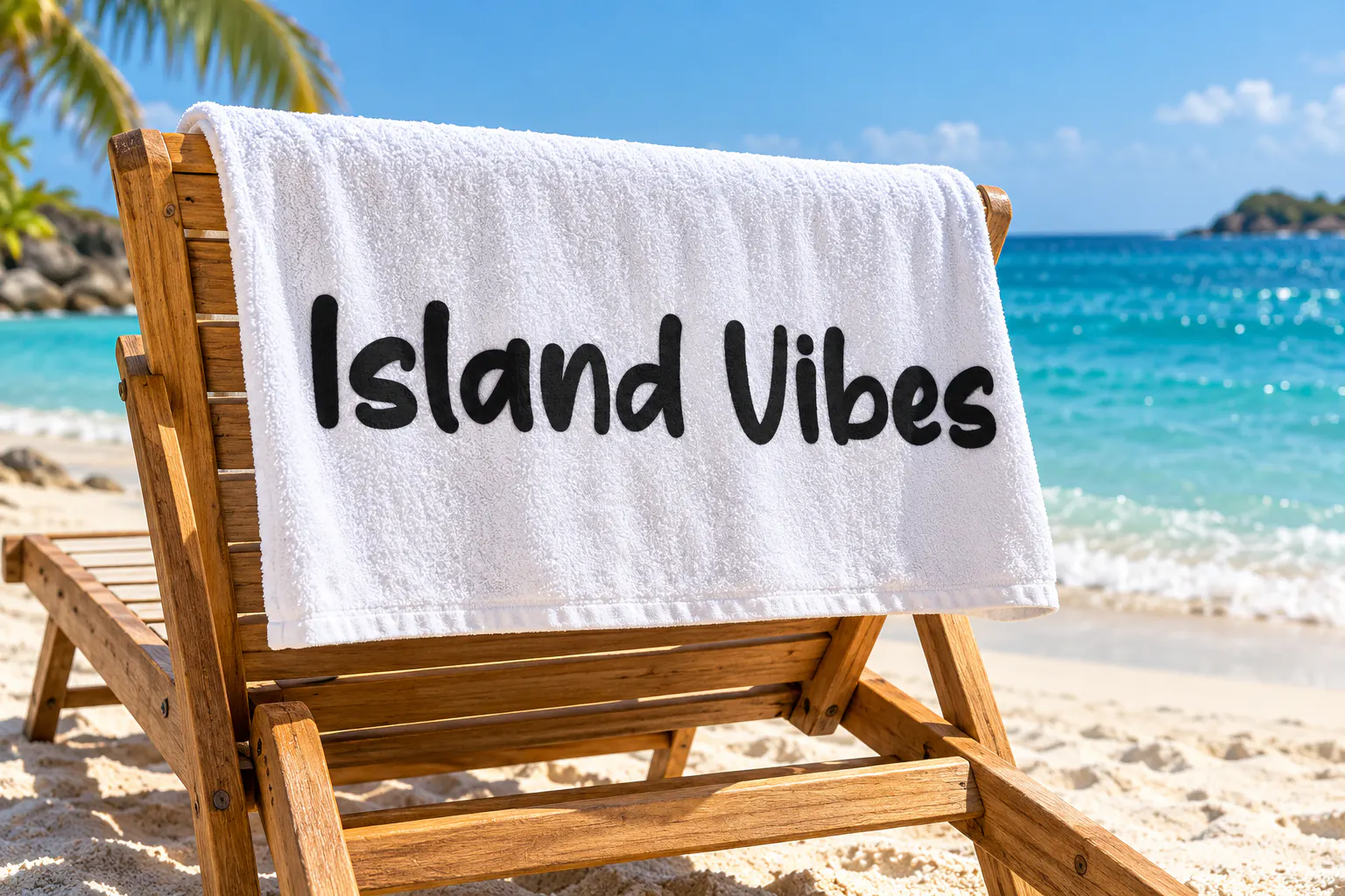 Coconut Island font on a beach towel reading Island Vibes