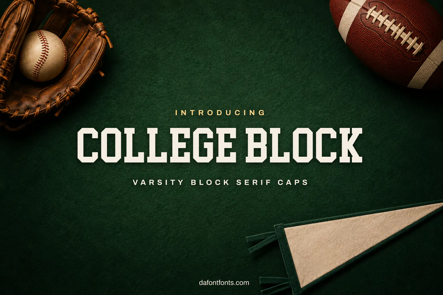 College Block font poster: black varsity caps on a classic sports background
