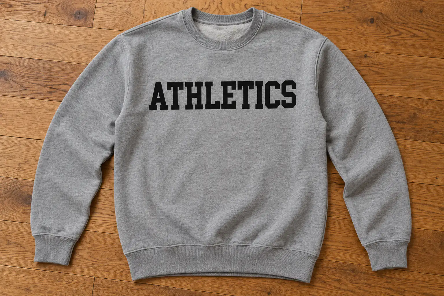 College Block font on a grey sweatshirt reading ATHLETICS