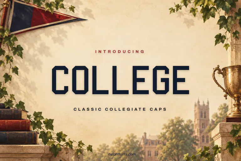 College font poster: navy collegiate caps on a cream campus background with a pennant