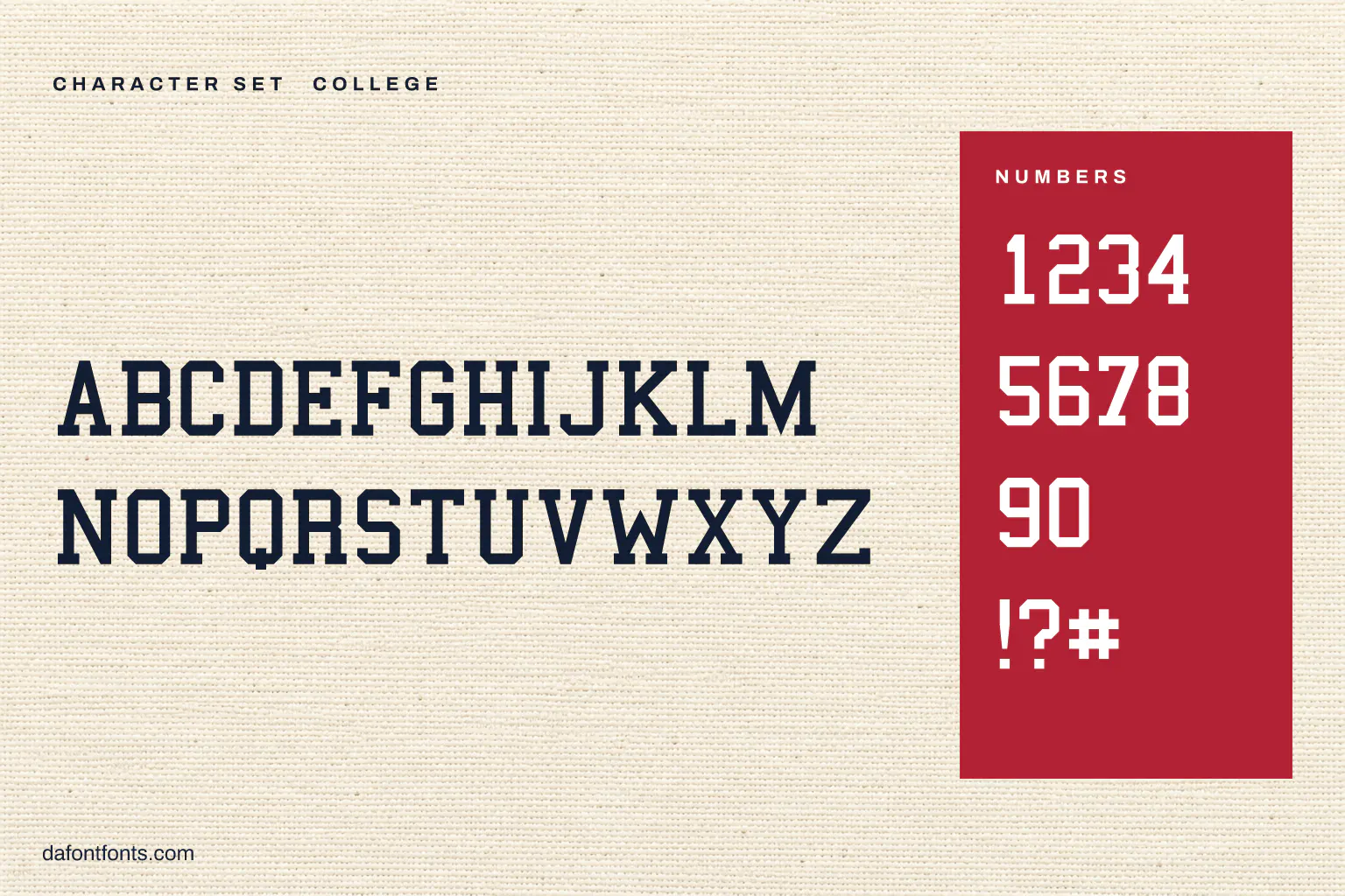 College character set: capitals, numbers and ! ? #