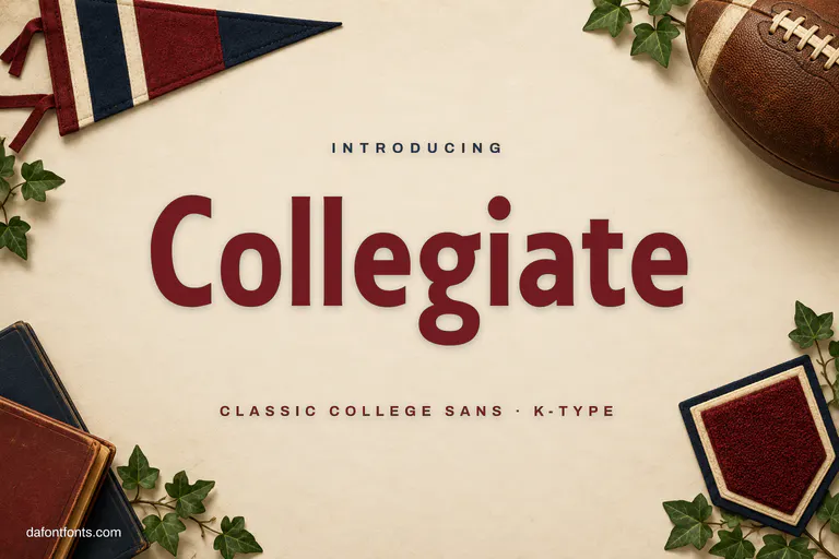Collegiate font poster: maroon sans letters on off-white with a college pennant