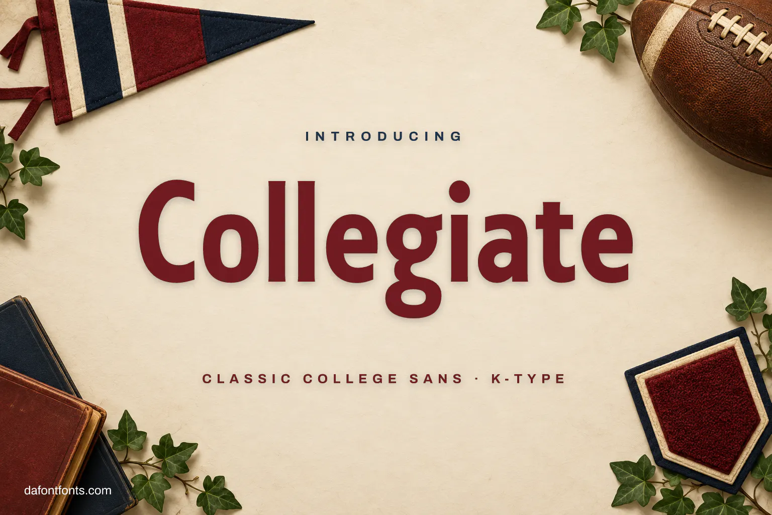 Collegiate font poster: maroon sans letters on off-white with a college pennant