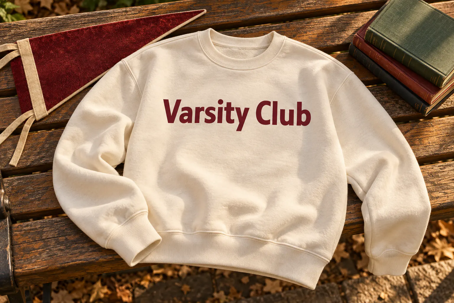 Collegiate font on a cream sweatshirt reading Varsity Club