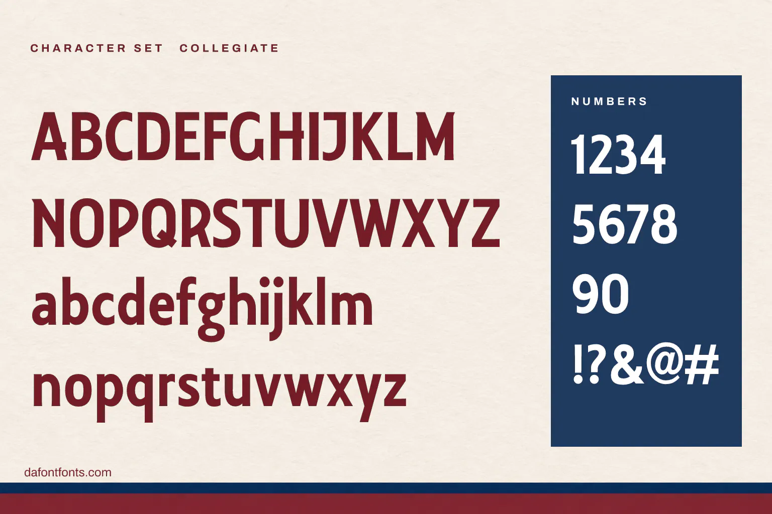 Collegiate character set: alphabet, numbers and symbols