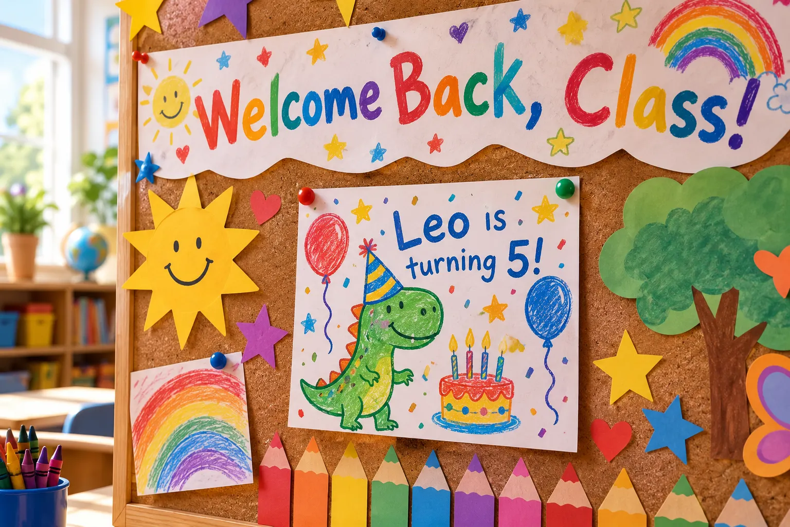 Comic Sans style lettering on a classroom bulletin board and a kids' birthday invitation