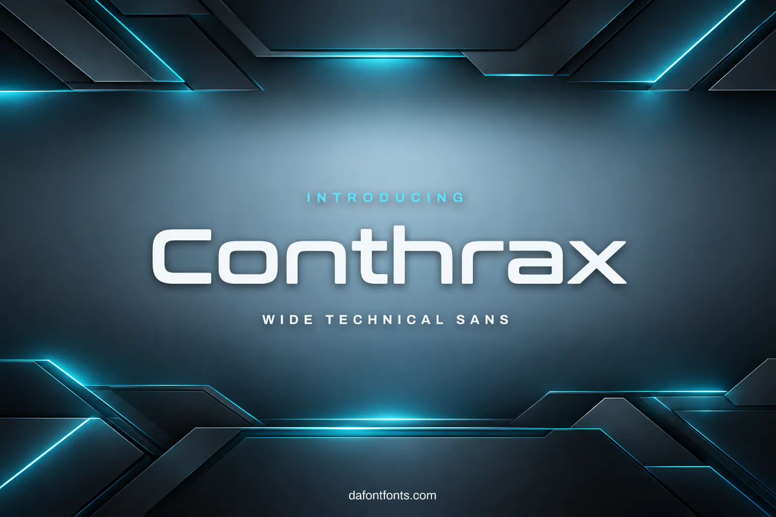Conthrax font poster: black wide letters on a dark graphite background with cyan light lines