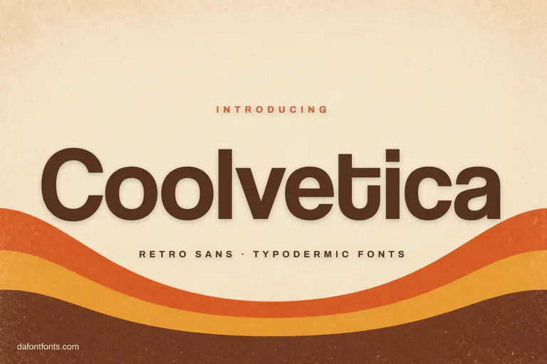 Coolvetica font poster: retro lettering over 1970s orange and mustard stripes