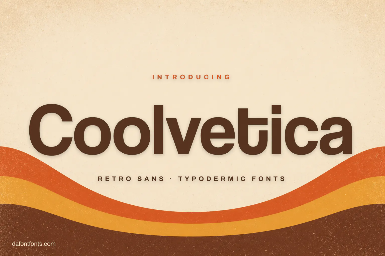 Coolvetica font poster: retro lettering over 1970s orange and mustard stripes