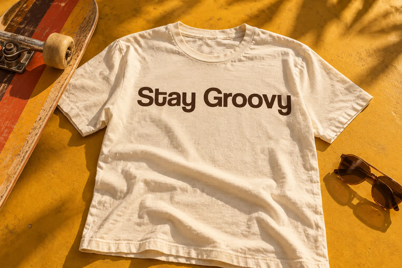 Coolvetica font on a vintage t-shirt reading Stay Groovy