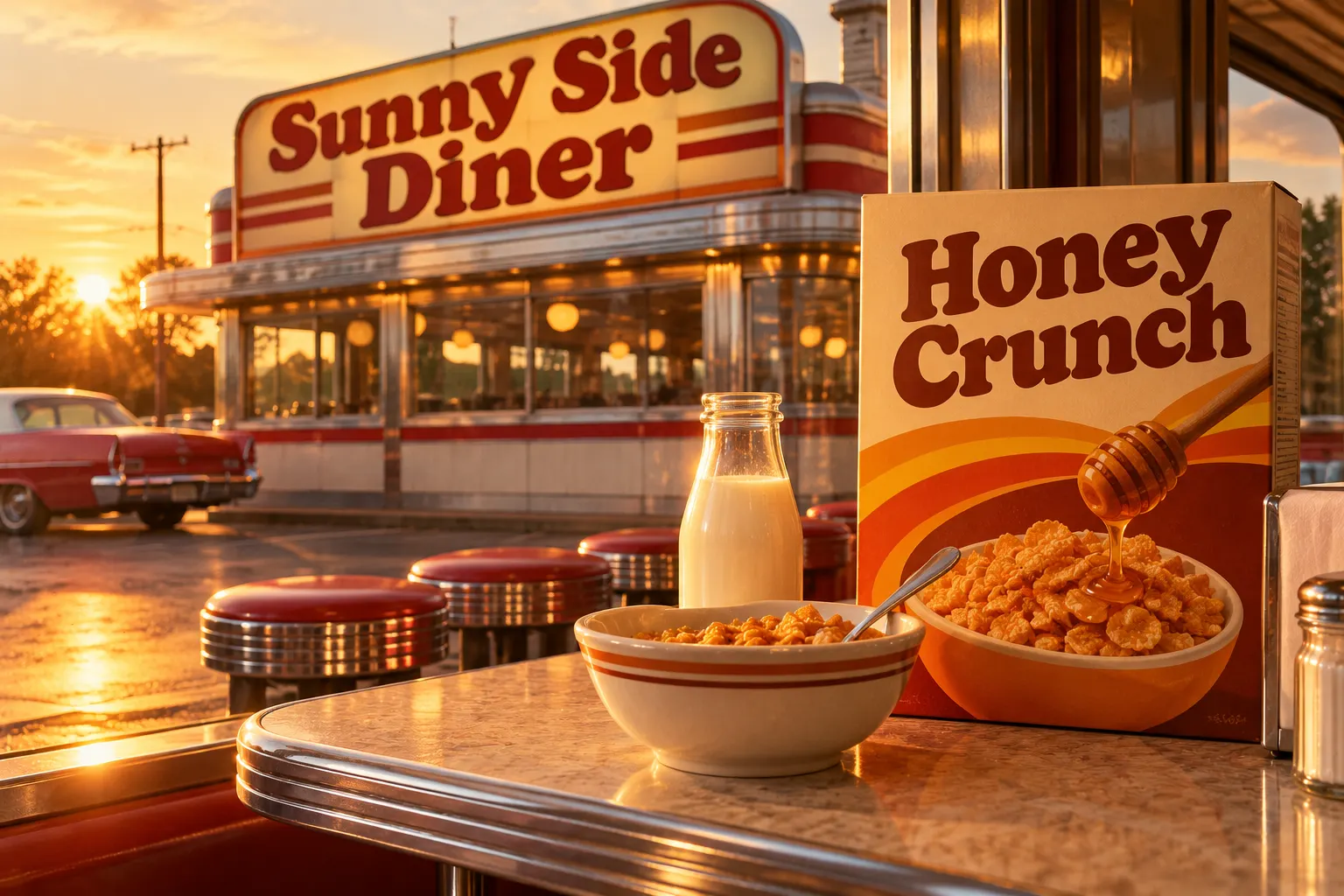 Cooper Black style lettering on a retro diner sign and a cereal box