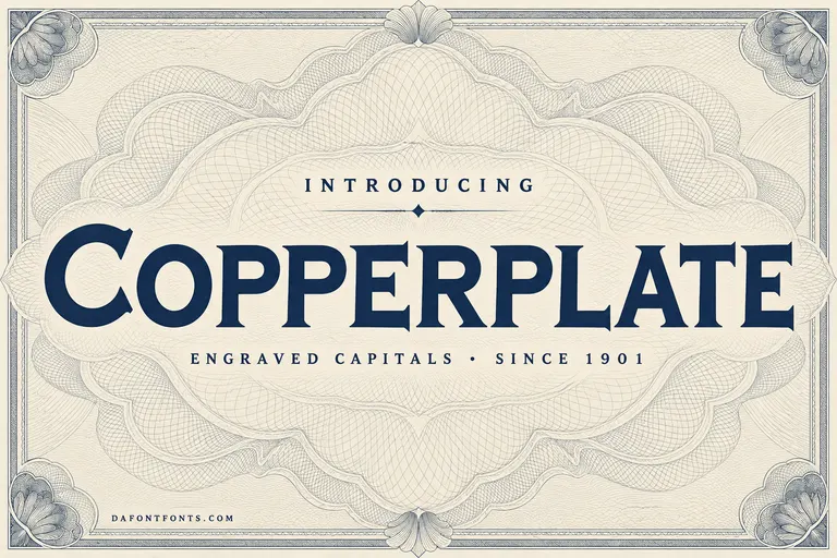 Copperplate font poster: navy engraved capitals on a cream certificate with guilloche patterns