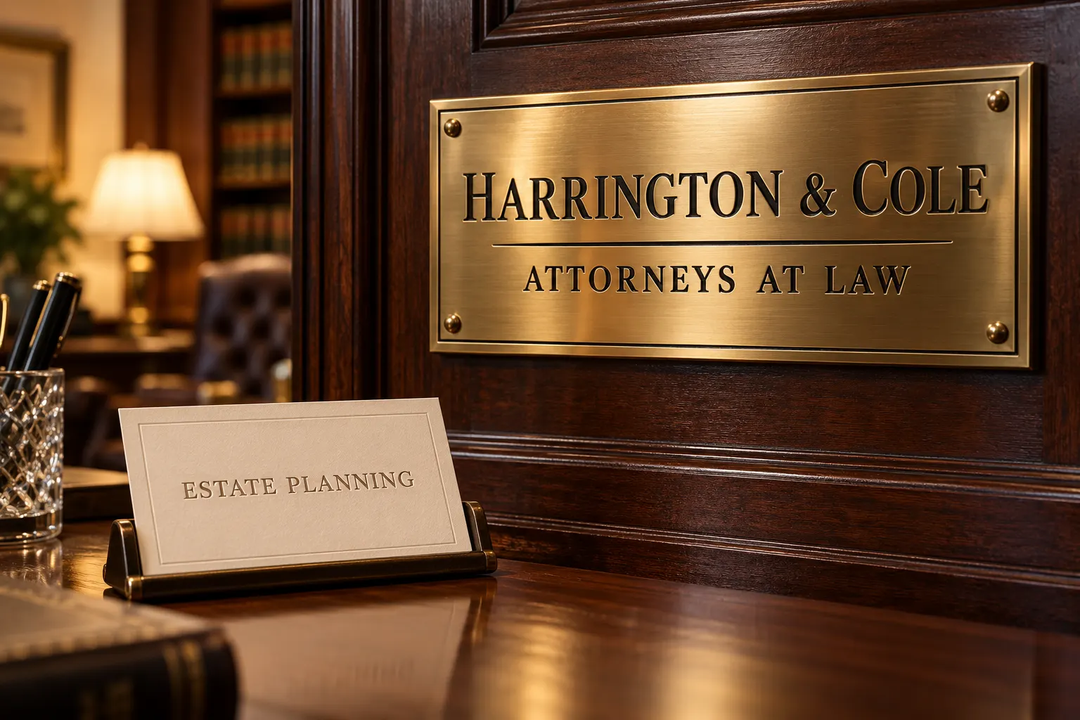 Copperplate style capitals on a brass law firm plaque and an embossed business card