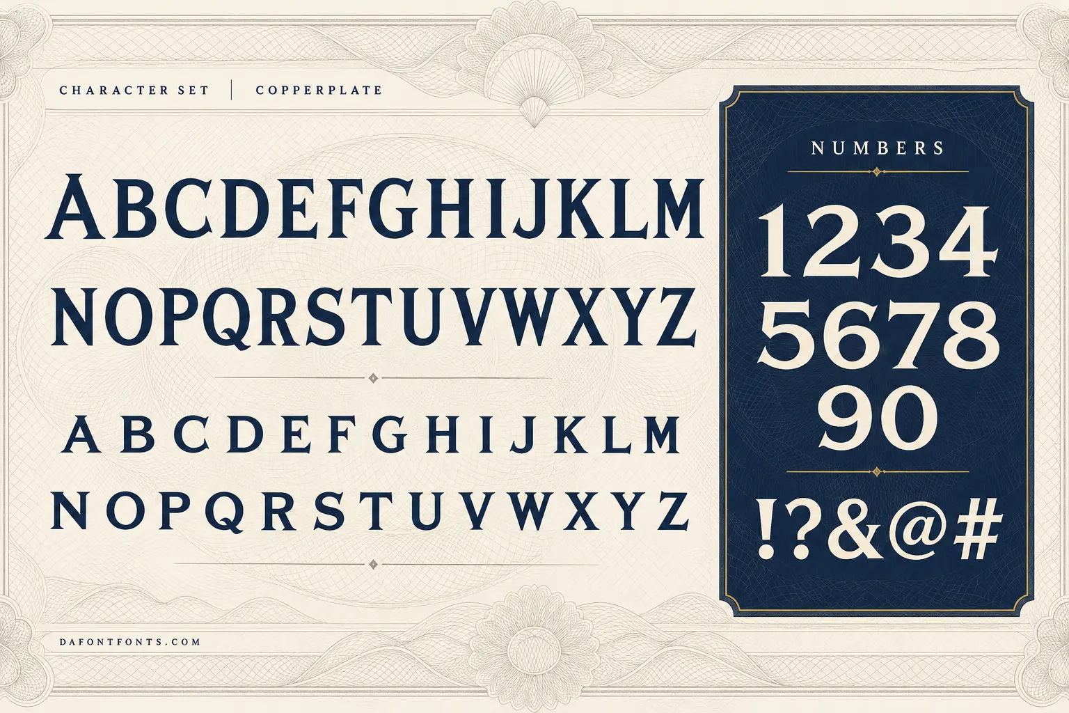 Copperplate style character set: capitals, small capitals, numbers and symbols