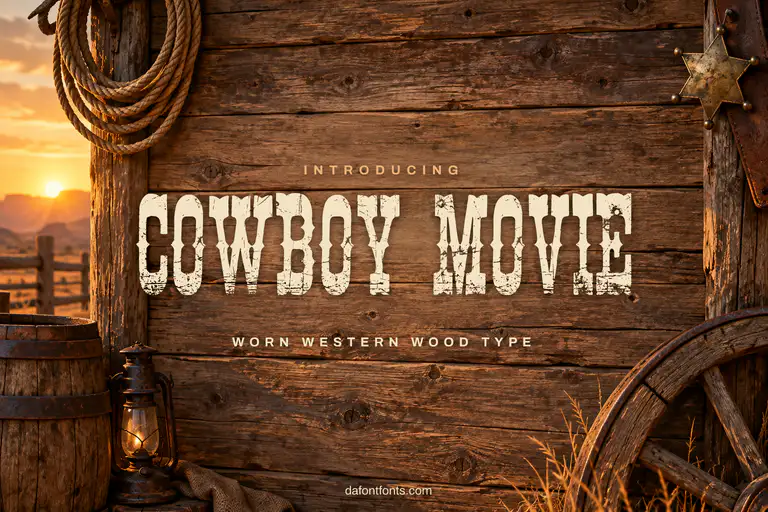 Cowboy Movie font poster: worn black western caps on a weathered wooden wall