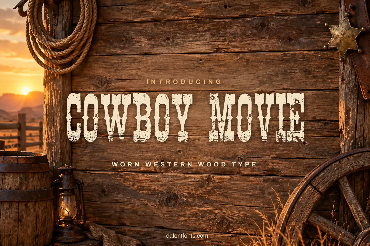 Cowboy Movie font poster: worn black western caps on a weathered wooden wall