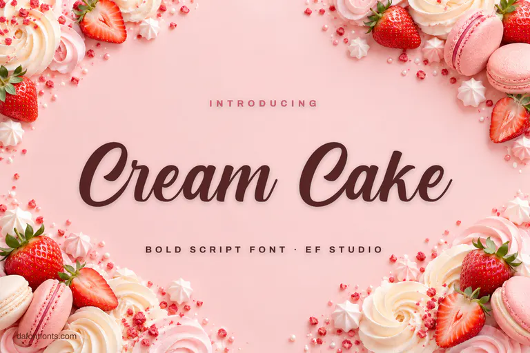 Cream Cake font poster: brown script on pastel pink with frosting and strawberries