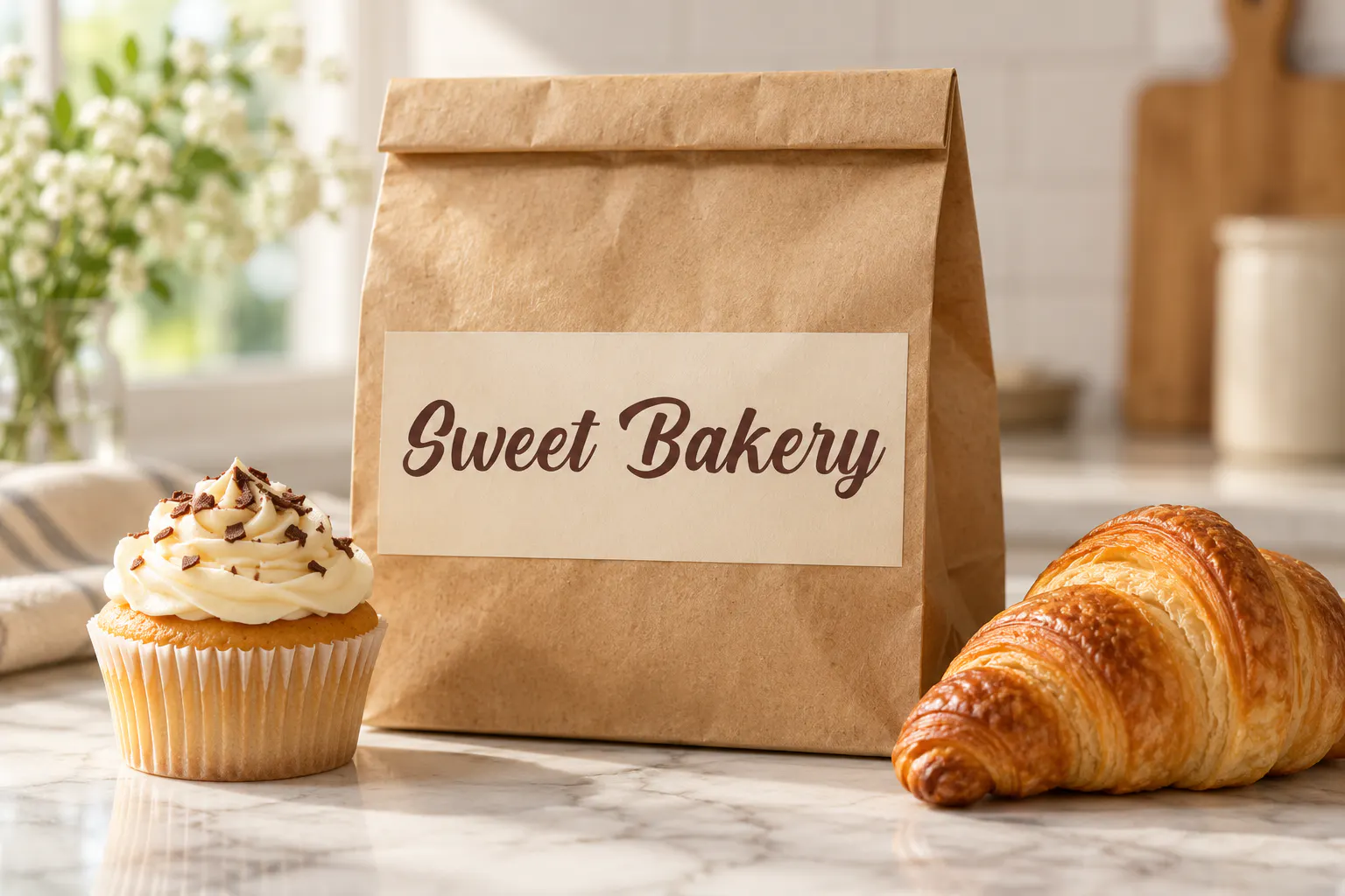 Cream Cake font on a kraft paper bakery bag reading Sweet Bakery