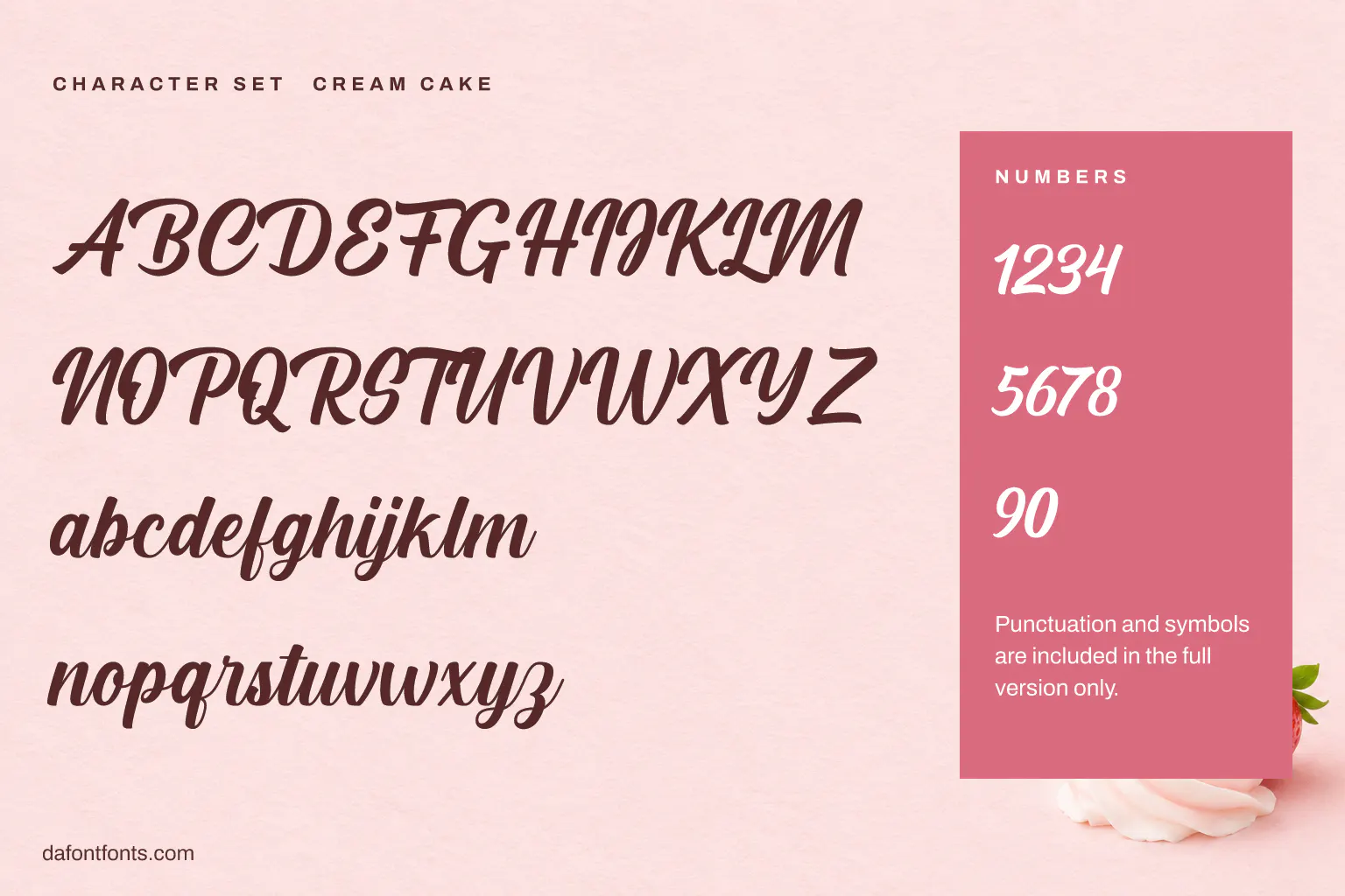 Cream Cake character set: capitals, lowercase and numbers (punctuation is in the full version only)