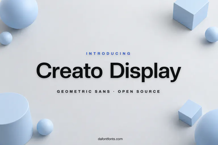 Creato Display font poster: black geometric letters on a clean light grey background with simple shapes