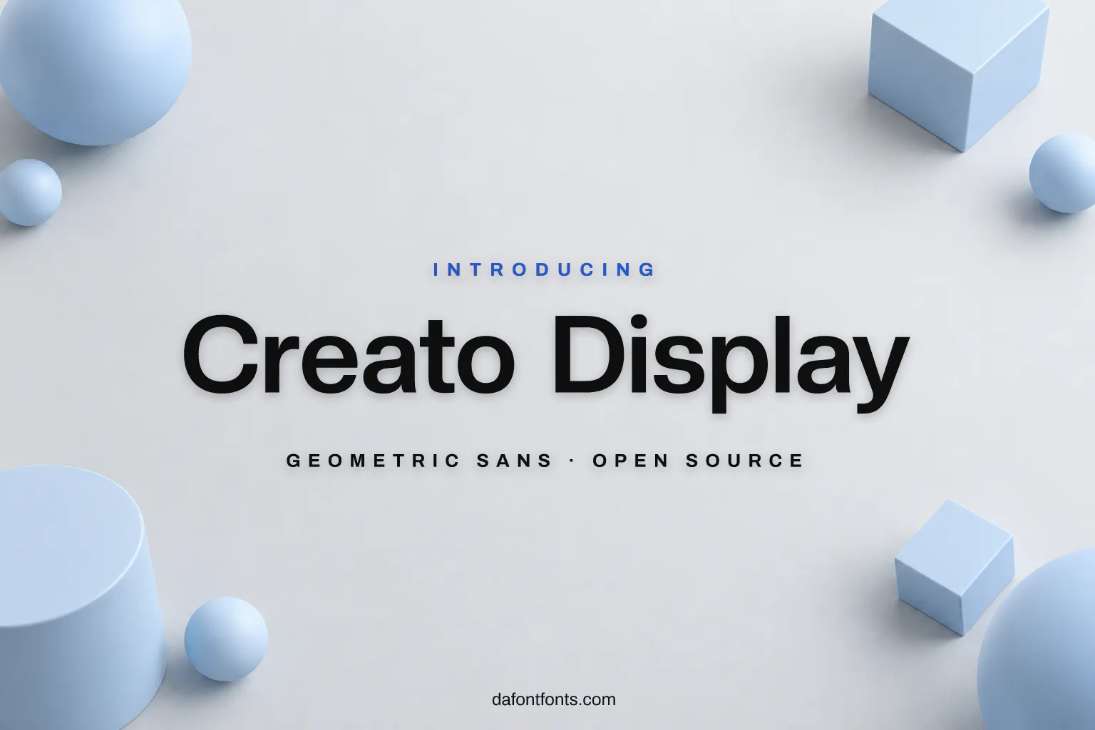 Creato Display font poster: black geometric letters on a clean light grey background with simple shapes