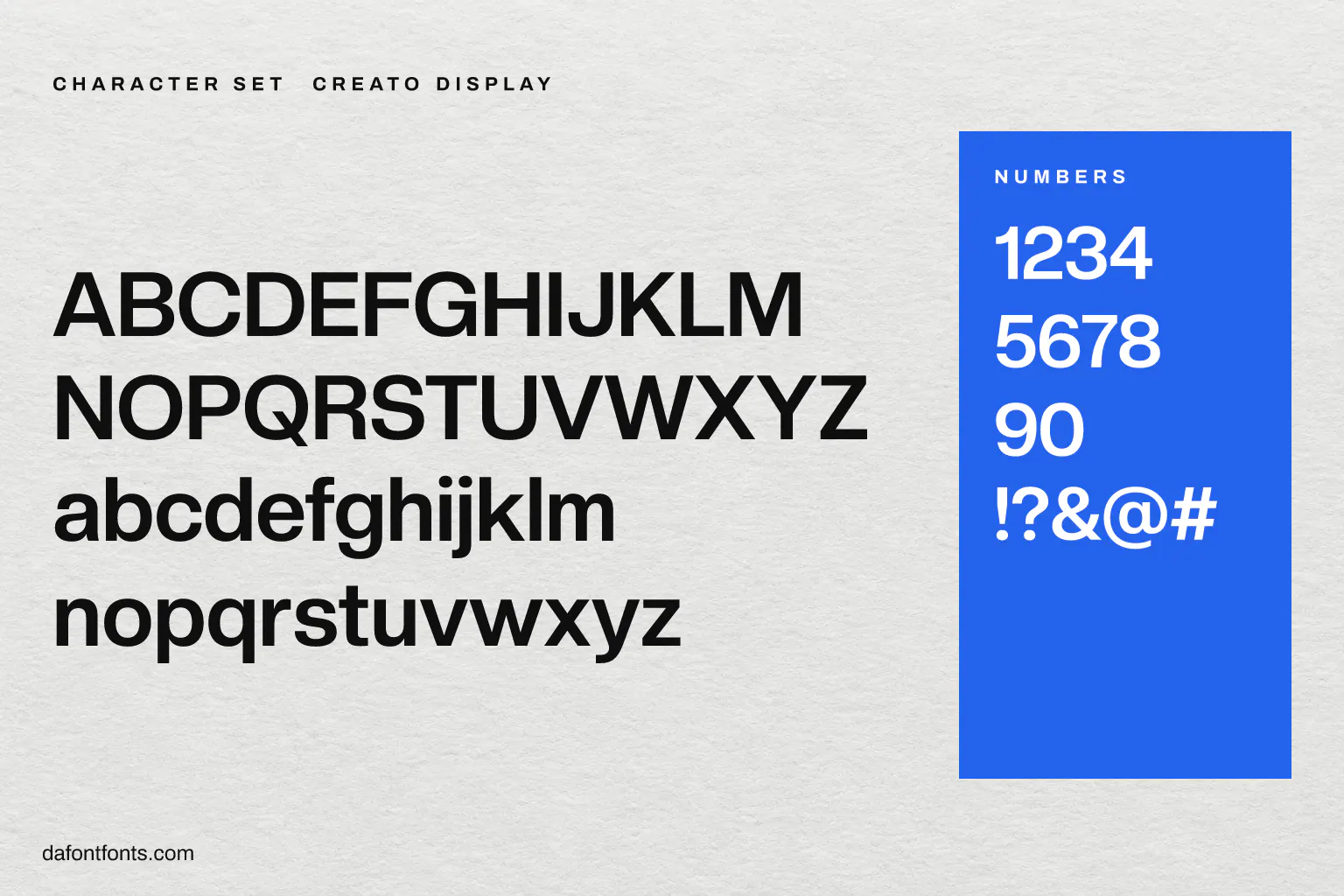 Creato Display character set: alphabet, numbers and symbols