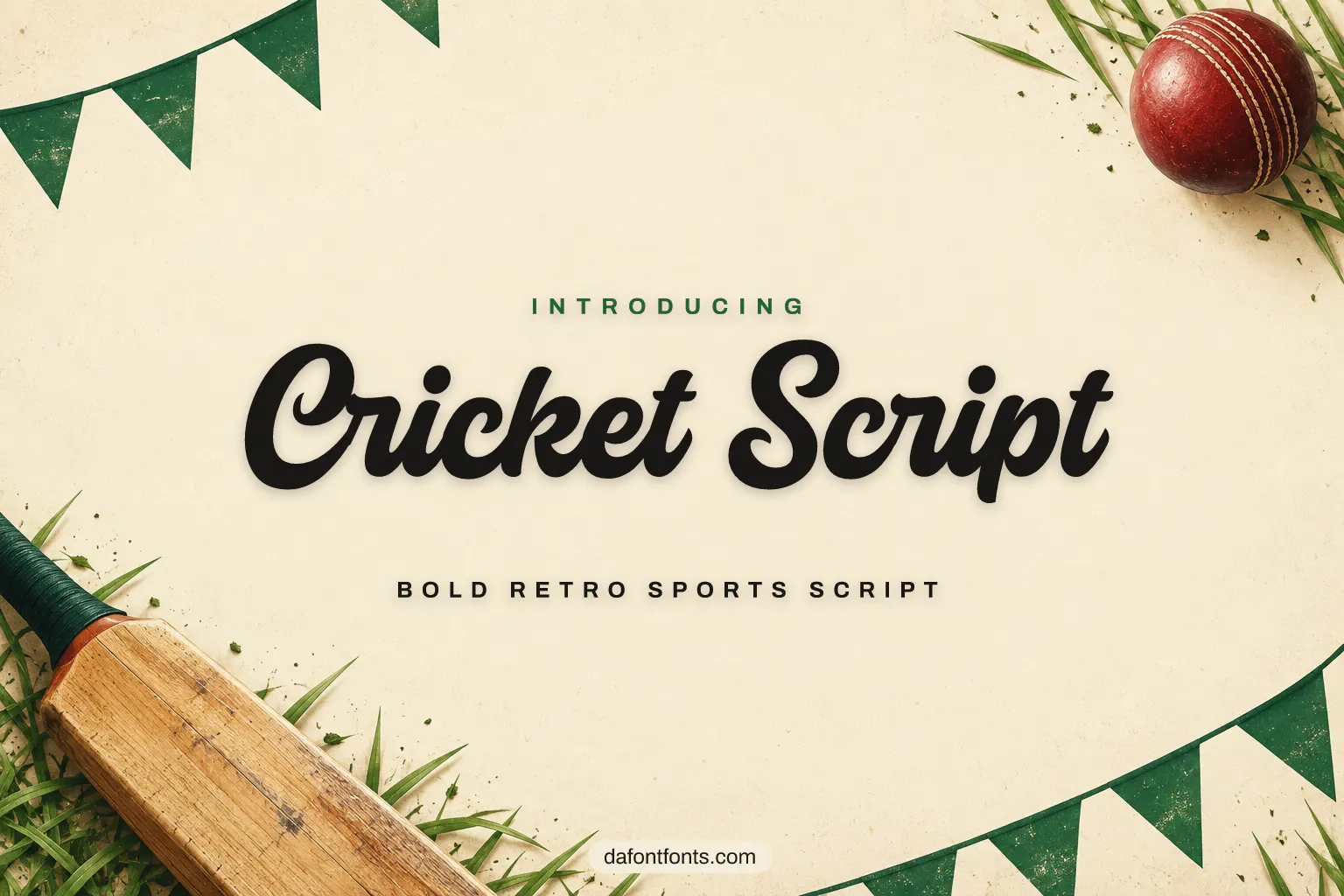 Cricket Script font poster: black retro script on a green and cream background with a cricket bat