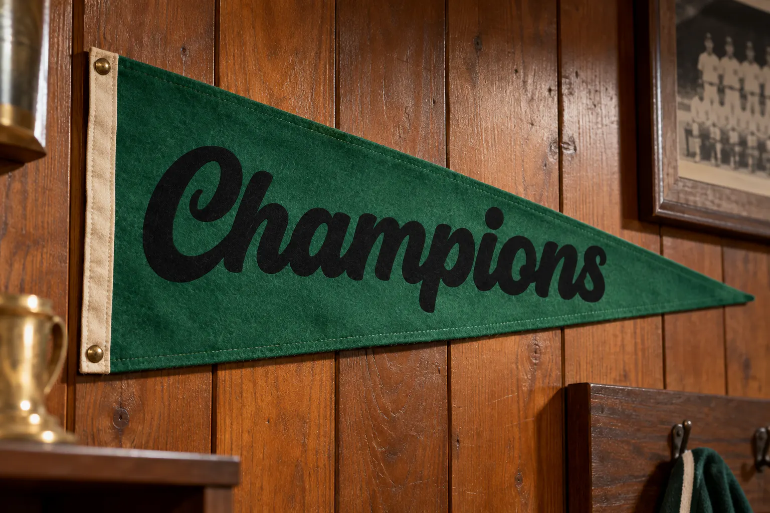 Cricket Script font on a team pennant flag reading Champions