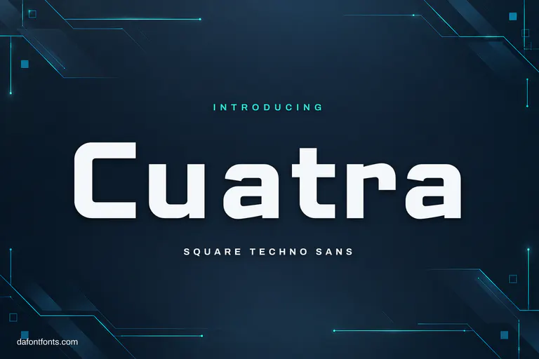Cuatra font poster: white square letters on dark blue-grey with geometric lines