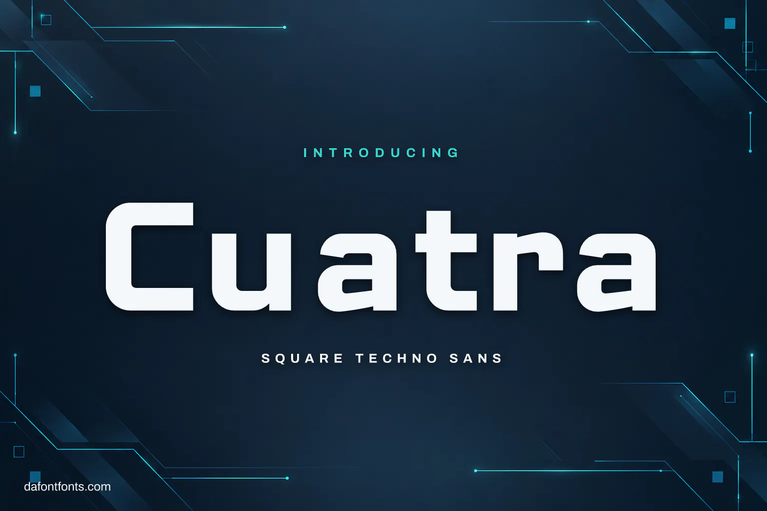 Cuatra font poster: white square letters on dark blue-grey with geometric lines