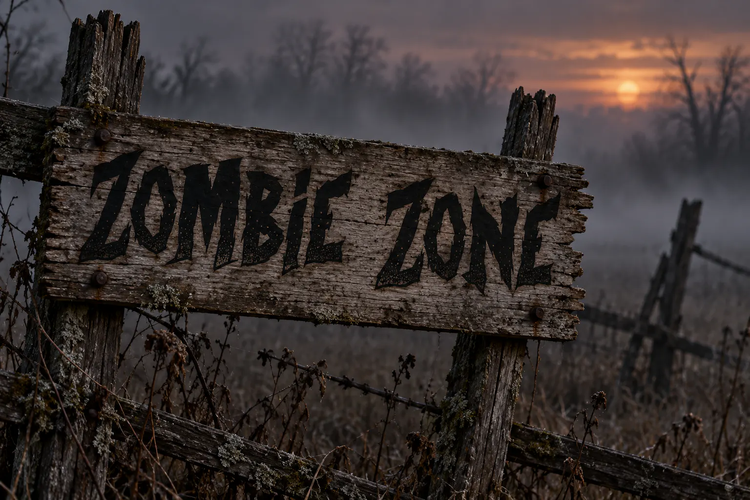 Curse of the Zombie font on a wooden warning sign reading ZOMBIE ZONE