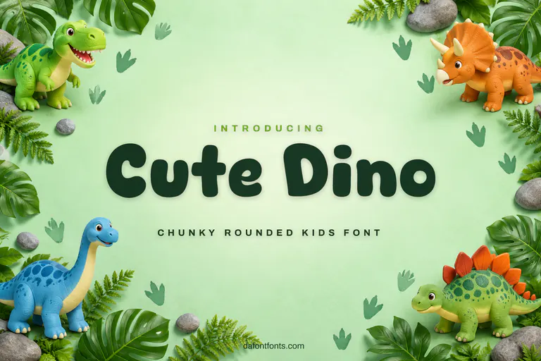 Cute Dino font poster: chunky rounded letters on mint green with dinosaur toys