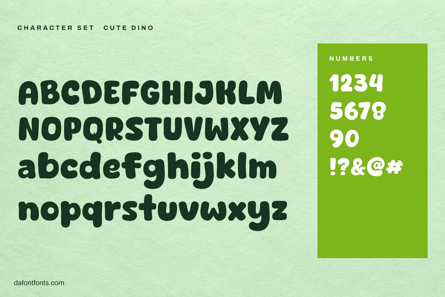 Cute Dino character set: alphabet, numbers and symbols