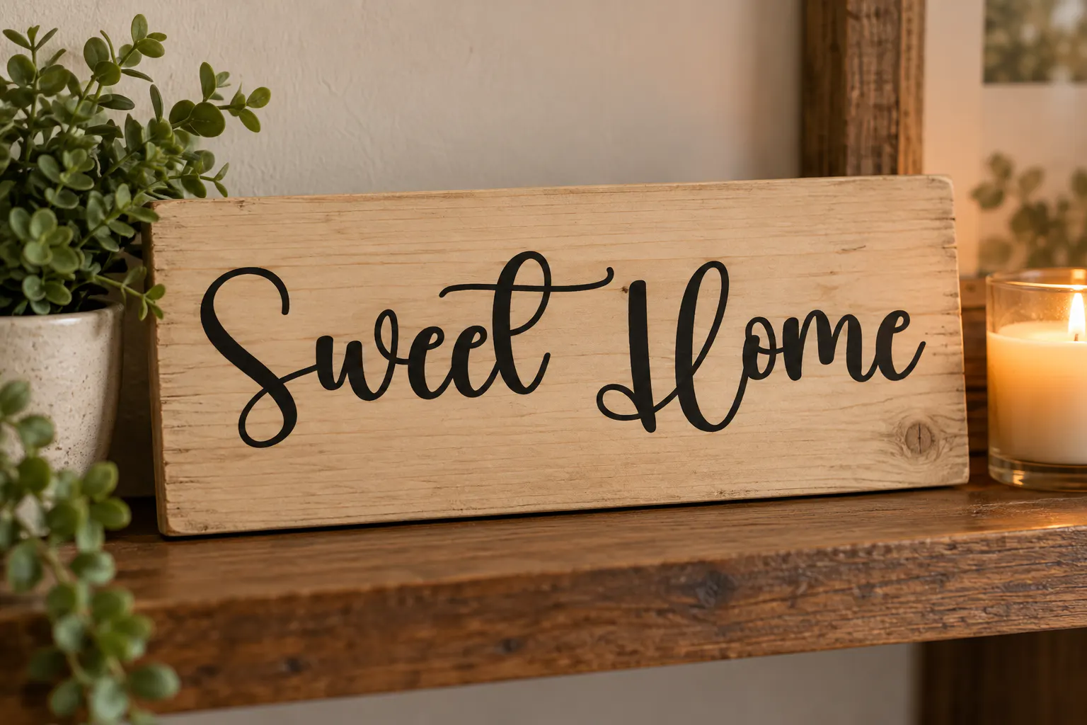 Daily font on a wooden sign reading Sweet Home
